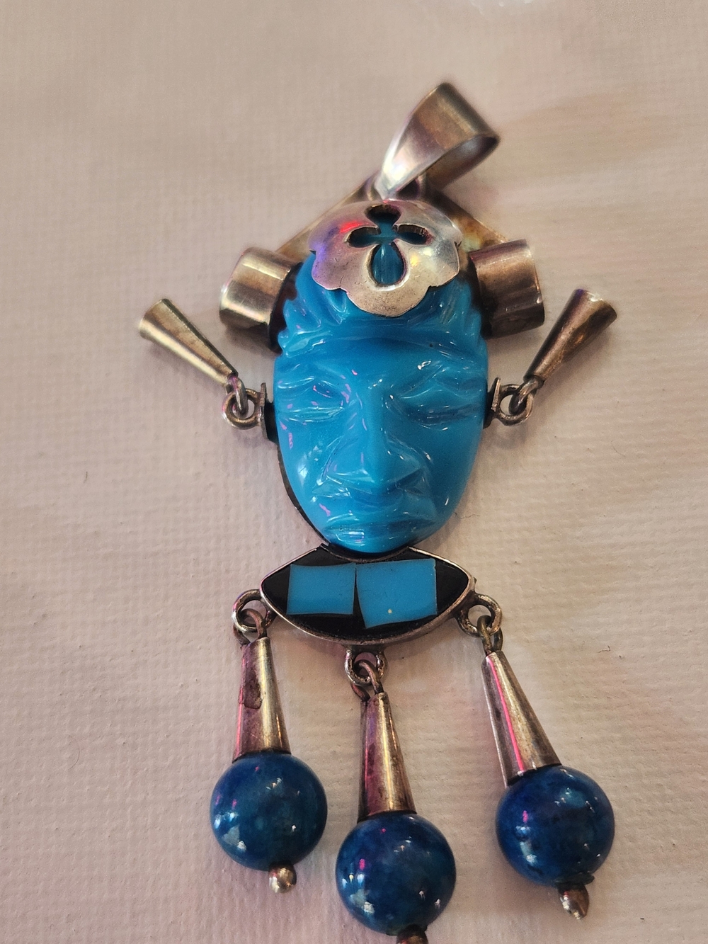Vintage Taxco Sterling Silver and Turquoise Warrior Pendant With Dangle Beads
